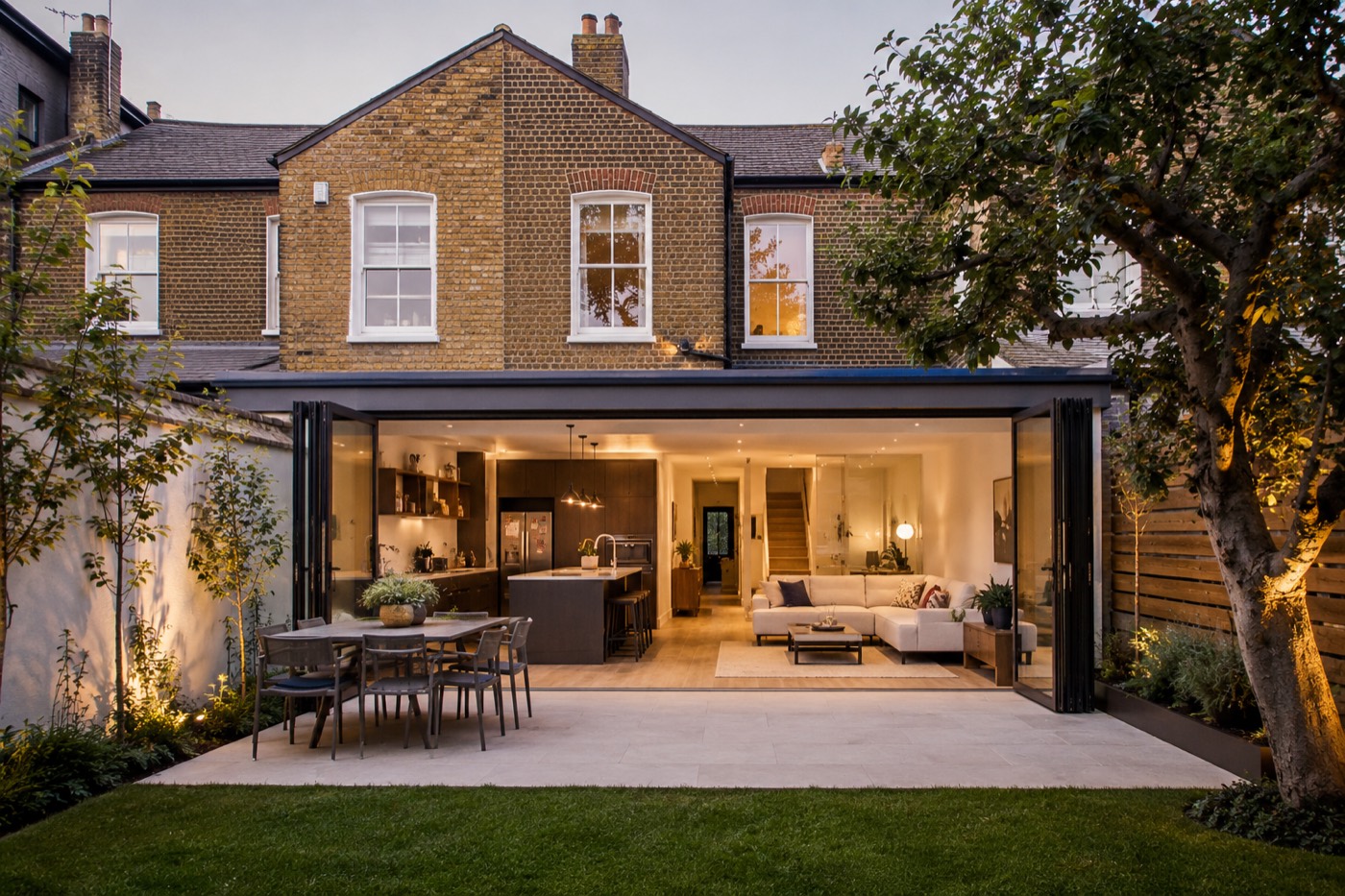 Completed rear kitchen extension at dusk — real Time To Refurbish project